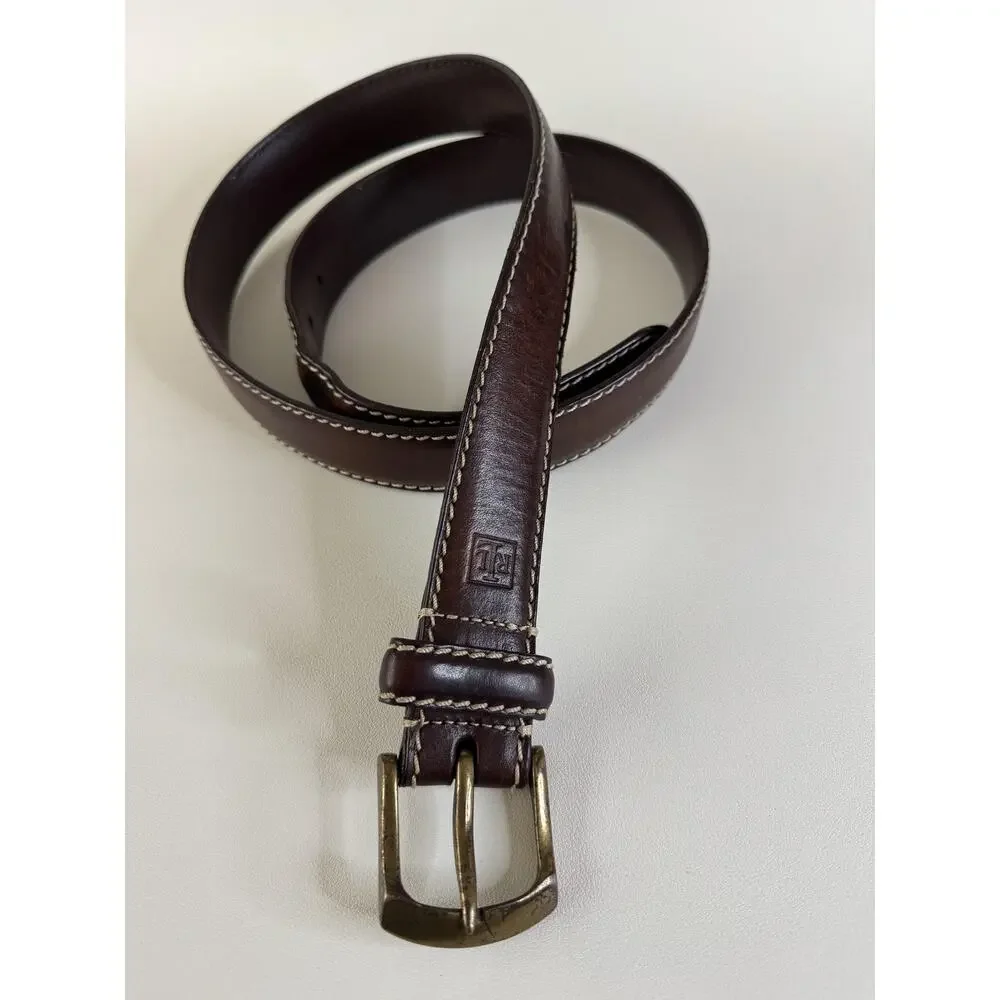 RLL Ralph Lauren Belt Mens M/L Brown Leather Brass Buckle Distressed Western